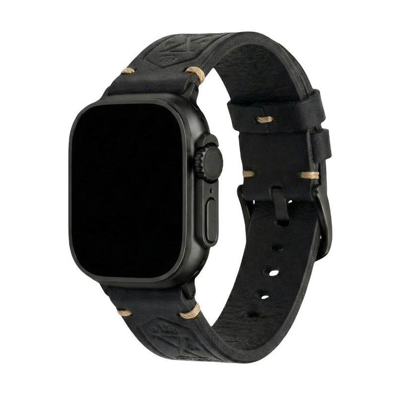 Full-grain leather Apple Watch bracelet, sturdy vintage finish, steel clasp, secure and comfortable fit, Anclède model