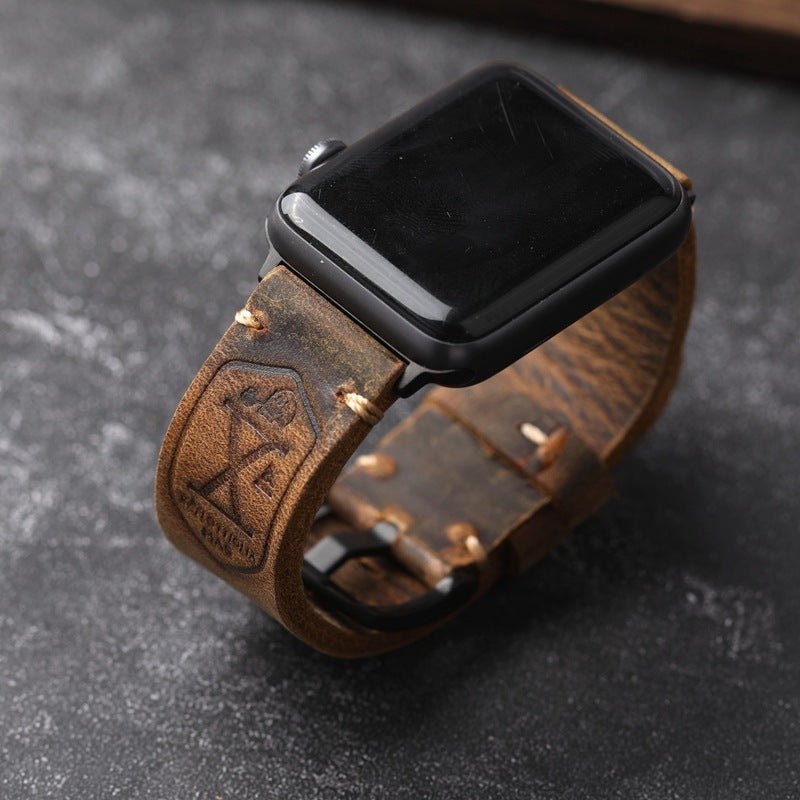 Full-grain leather Apple Watch bracelet, sturdy vintage finish, steel clasp, secure and comfortable fit, Anclède model