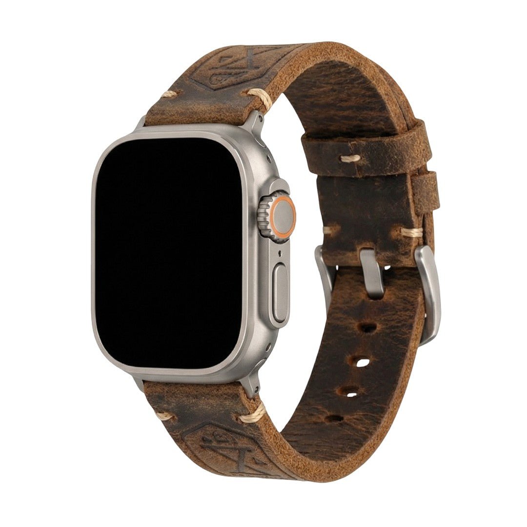 Bracelet Apple Watch en cuir pleine fleur, finition vintage robuste, fermoir acier, maintien confortable et puissant, modèle Anclède