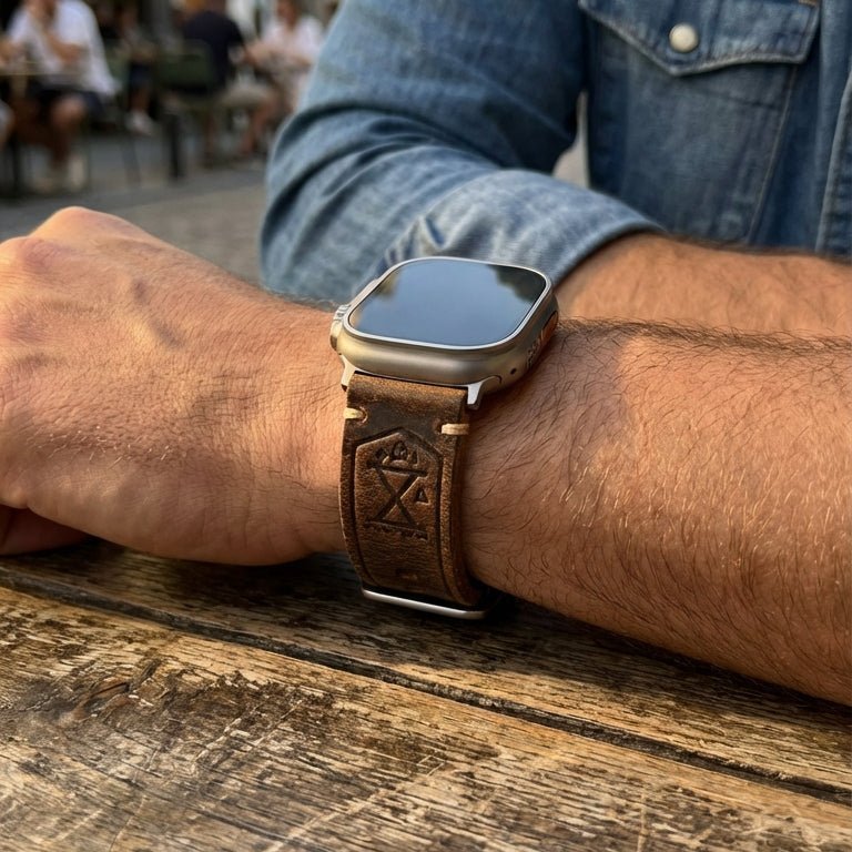 Full-grain leather Apple Watch bracelet, sturdy vintage finish, steel clasp, secure and comfortable fit, Anclède model