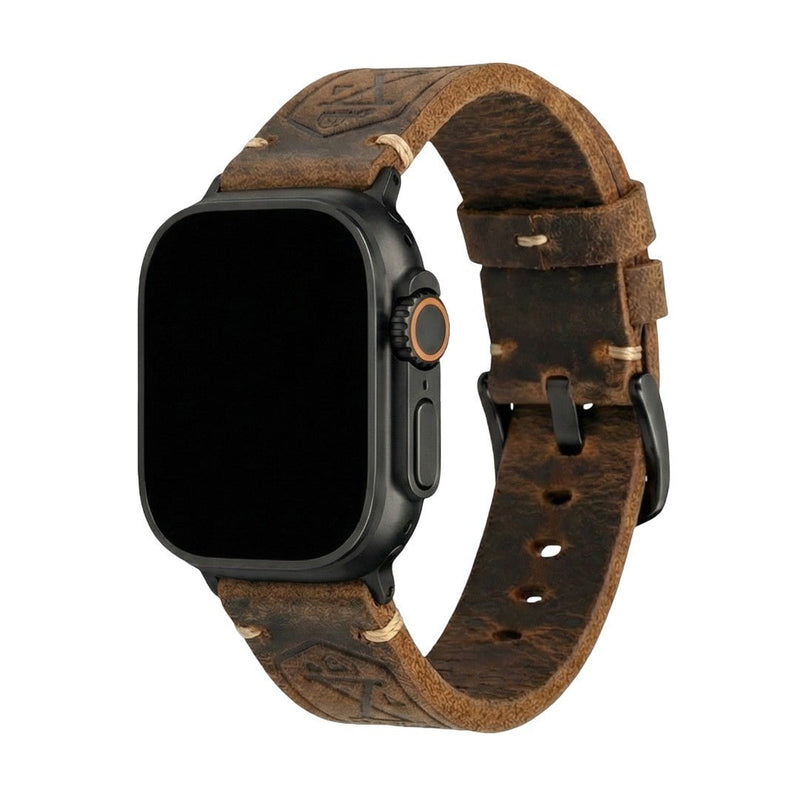Full-grain leather Apple Watch bracelet, sturdy vintage finish, steel clasp, secure and comfortable fit, Anclède model