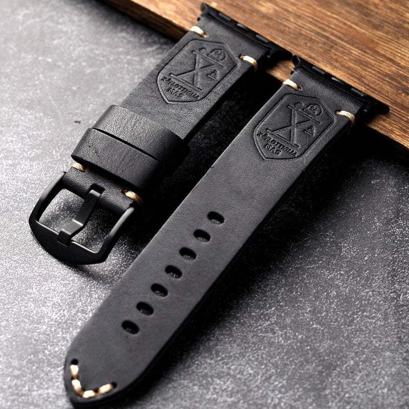 Full-grain leather Apple Watch bracelet, sturdy vintage finish, steel clasp, secure and comfortable fit, Anclède model