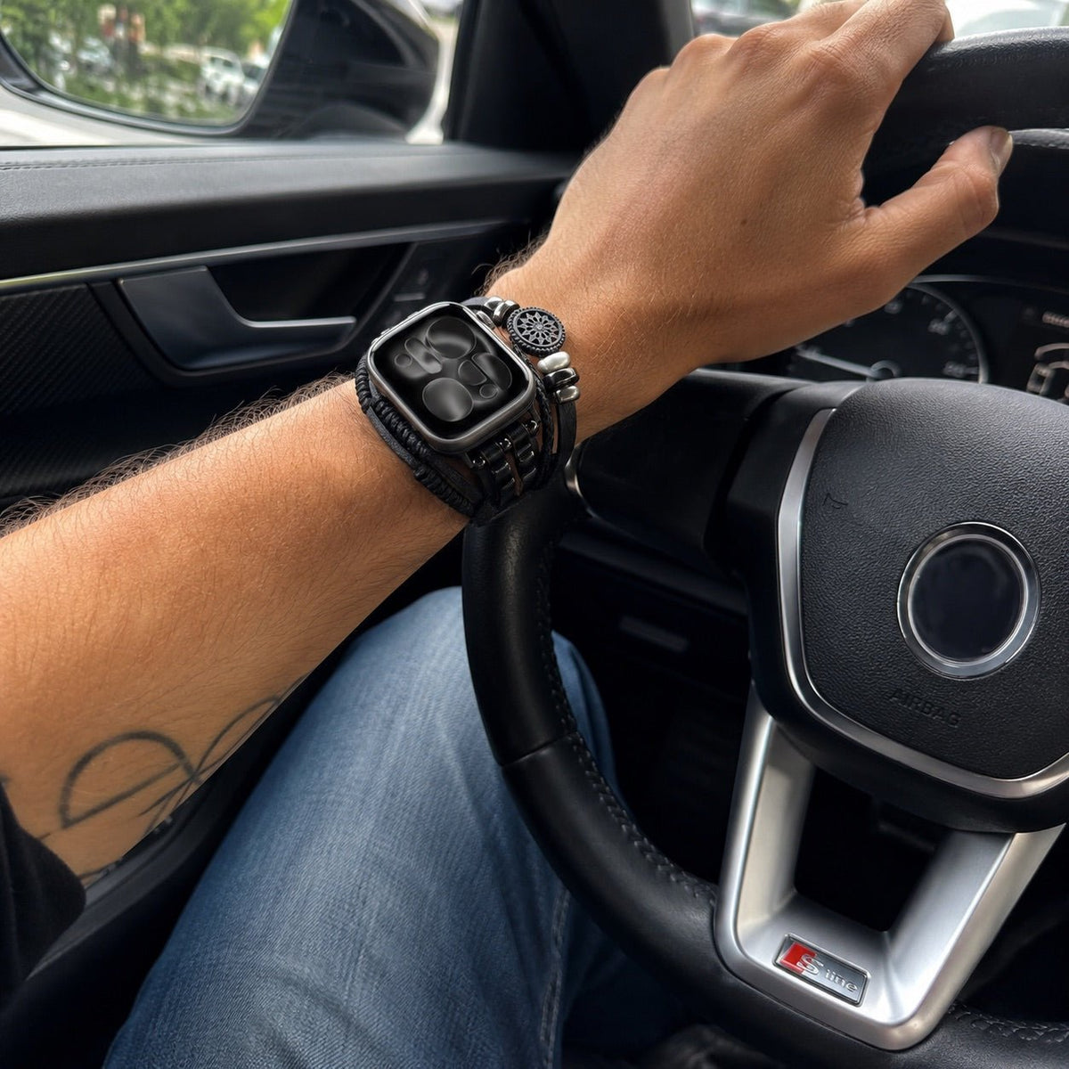 Men's Leather Apple Watch Bracelet, Multi-Strand Braided Design, Adorned with Lotus Flower, Adjustable Link Clasp, Vastir Model