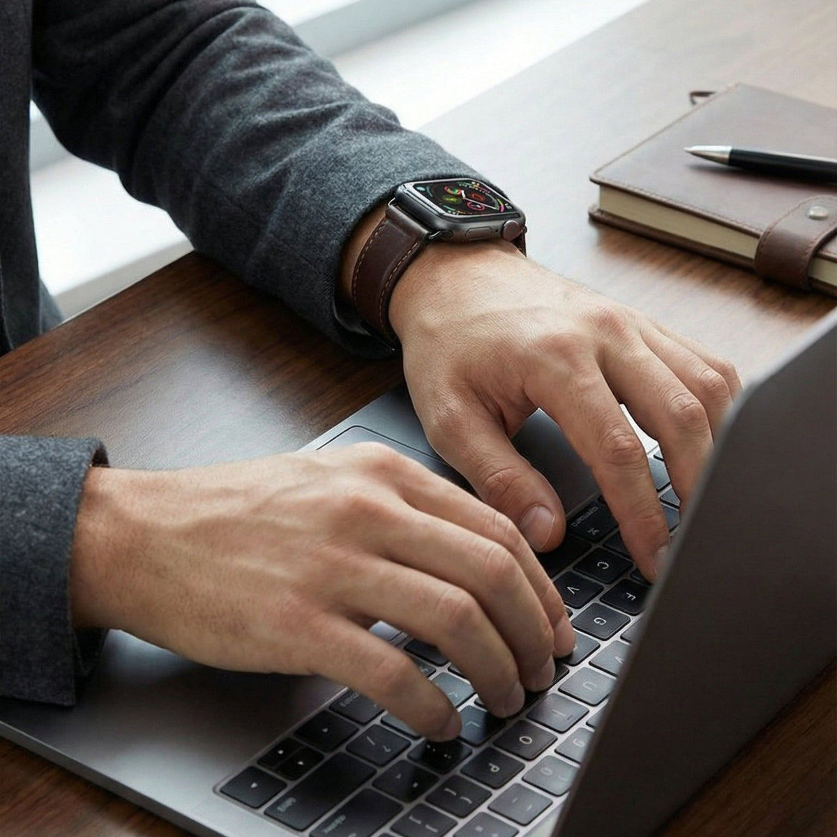 Bracelet Apple Watch, surpiqûres contrastées, boucle ardillon, style business, modèle Ernest