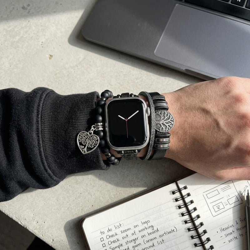 Genuine Leather Apple Watch Bracelet, Black Onyx Beads, Tree of Life Design, Adjustable Clasp, Unisex Accessory, Aristide Model