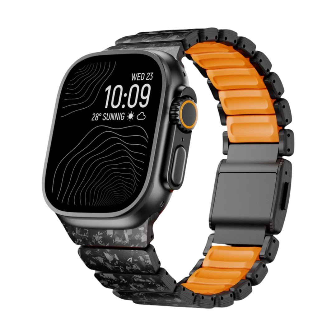 Bracelet Apple Watch en fibre de carbone noire et FKM, design technique texturé avec fermoir magnétique sécurisé, modèle Rey
