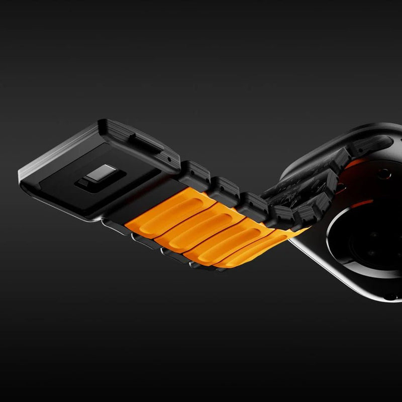 Bracciale per Apple Watch in fibra di carbonio nera e FKM, design tecnico testurizzato con chiusura magnetica di sicurezza, modello Rey