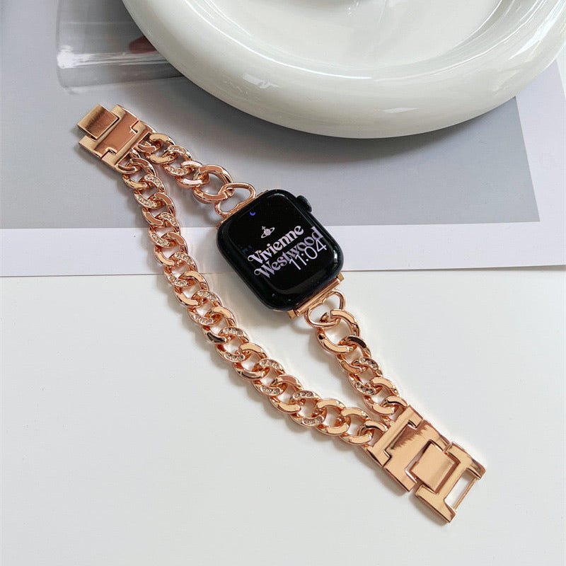 Apple Watch Bracelet in Double Cuban Link, Inlaid Rhinestones, Custom Finish, Phipa Model