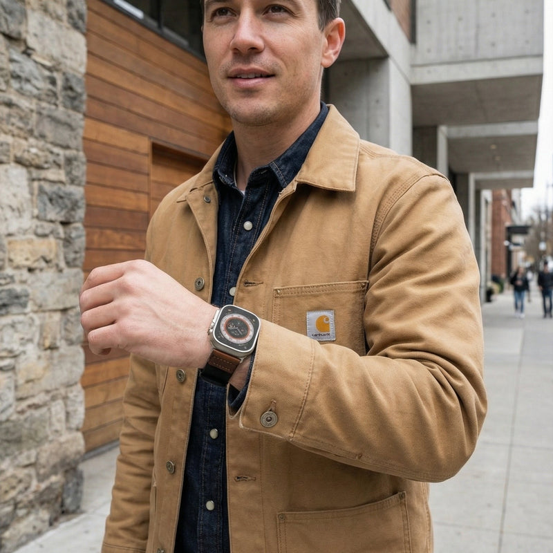 Tykt nylonarmbånd til Apple Watch med læderindsatser, behagelig pasform og markant udtryk, model Josua