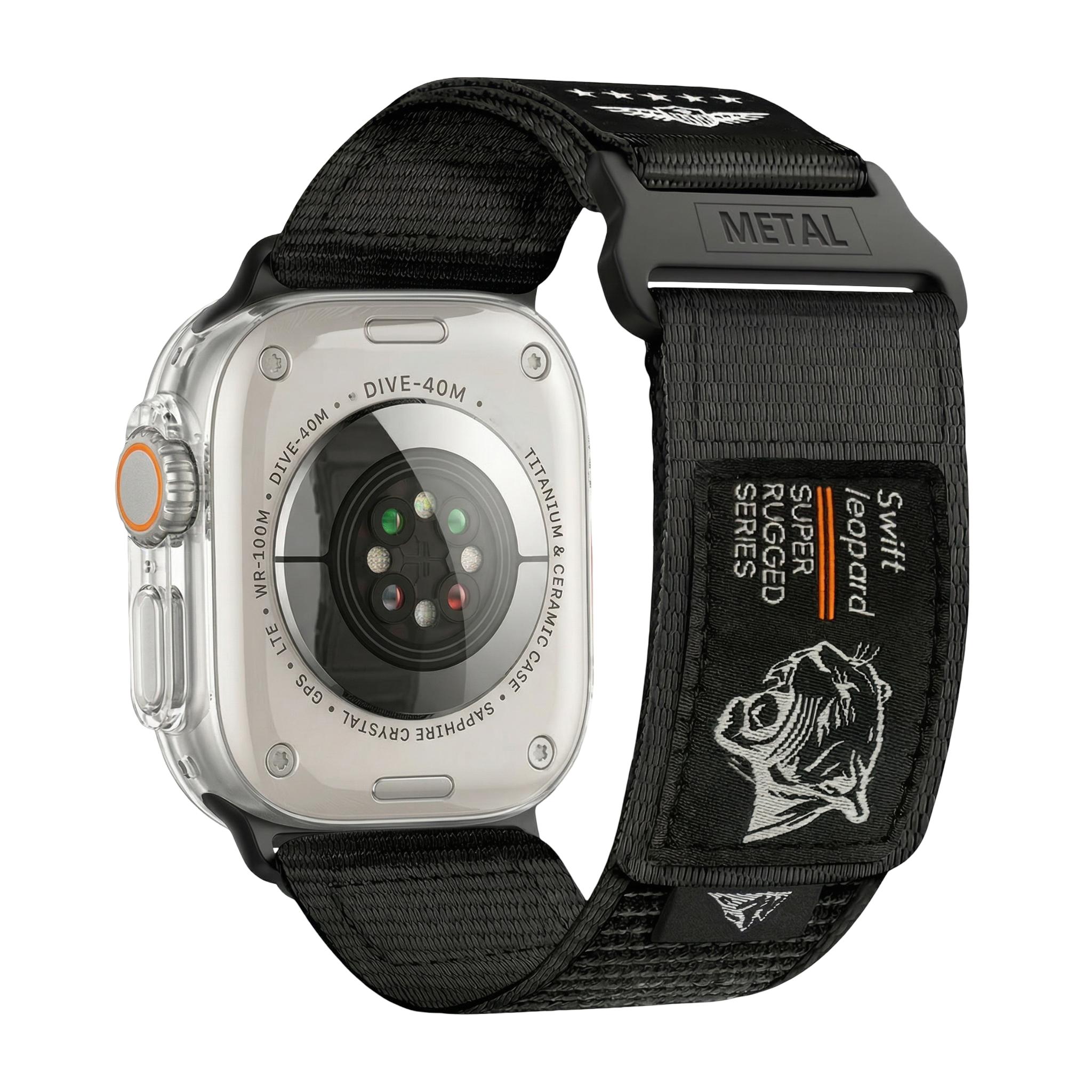 Bracelet Apple Watch en nylon robuste, fermoir acier inoxydable, design tête de léopard, style sport masculin, modèle Léopardus