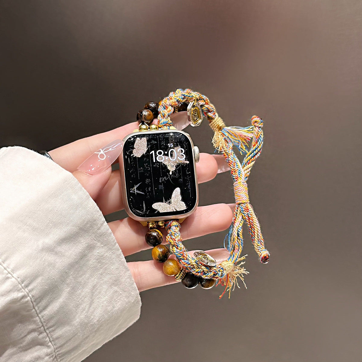 Natural Tiger’s Eye Apple Watch Bracelet, multicolored braided cord, gold charms, Tenzin model