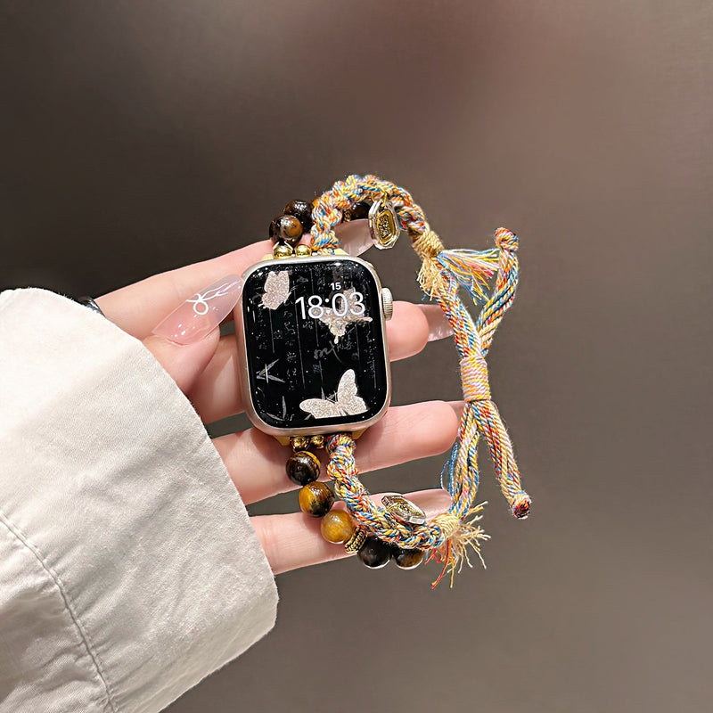 Natural Tiger Eye Apple Watch Bracelet, Adjustable Braided Cord, Authentic Tibetan Style, Elegant Wrist Accessory, Tenzin Model