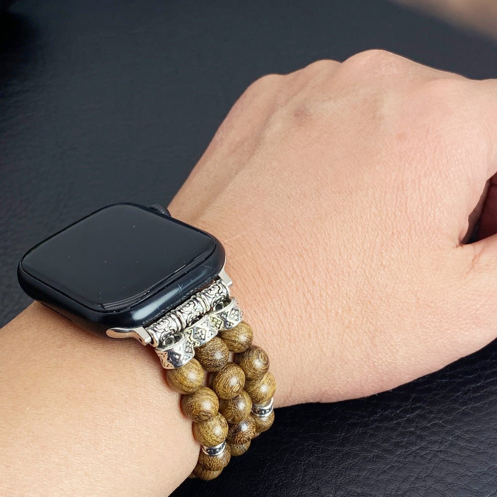 Bracciale per Apple Watch in perle di legno, con connettori argentati incisi, stile etnico chic, elastico, modello Woody