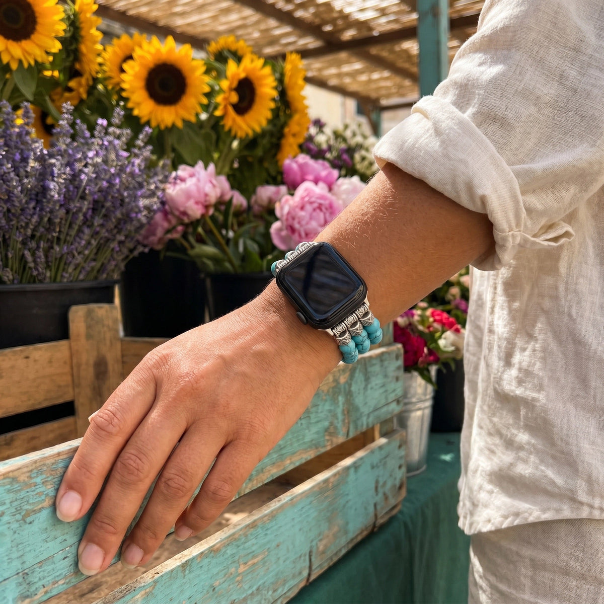 Bracelet Apple Watch en perles naturelles, pierre volcanique ou turquoise, élastique ajustable, style bohème chic, modèle Josin