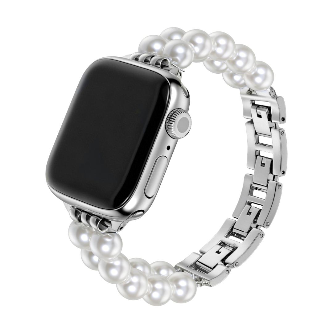 Apple Watch Armband aus Natursteinen, doppelreihig mit Perlen, Metallglieder, Modell Spedzire