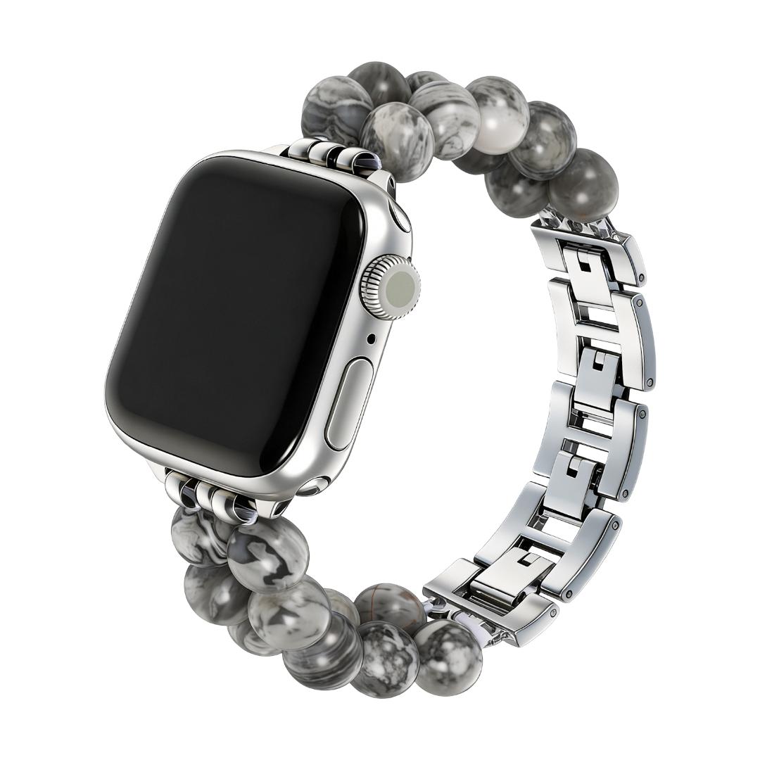 Apple Watch Armband aus Natursteinen, doppelreihig mit Perlen, Metallglieder, Modell Spedzire