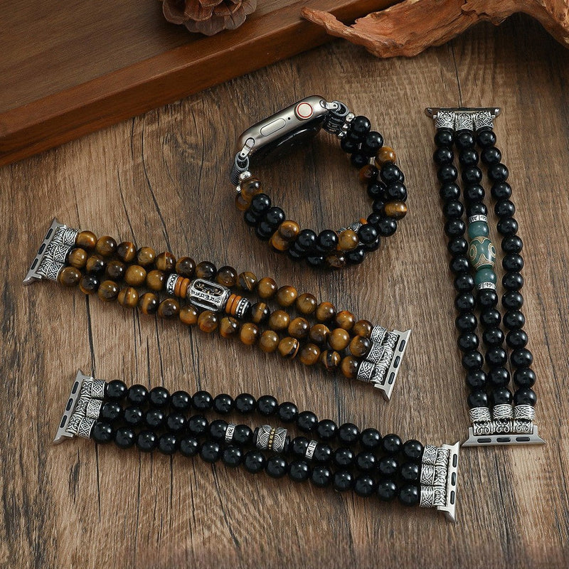 Bracciale per Apple Watch in pietre naturali, occhio di tigre e onice nero, stile a perle triplo giro elastico, modello Pedri