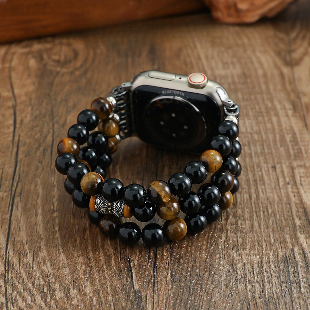Pulseira para Apple Watch em pedras naturais, olho-de-tigre e ónix preto, estilo contas triplo fio elástico, modelo Pedri