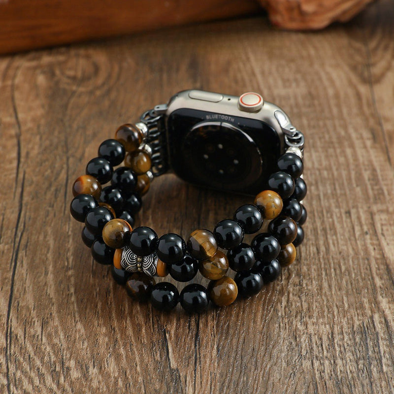 Bracciale per Apple Watch in pietre naturali, occhio di tigre e onice nero, stile a perle triplo giro elastico, modello Pedri
