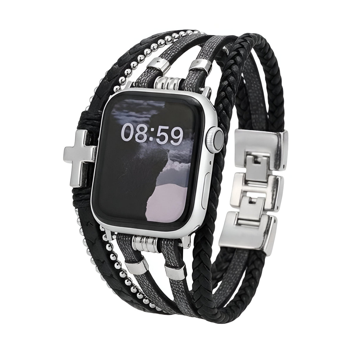 Bracelet Apple Watch multi-tours noir en simili vegan tressé avec croix métallique argentée et fermoir sécurisé.