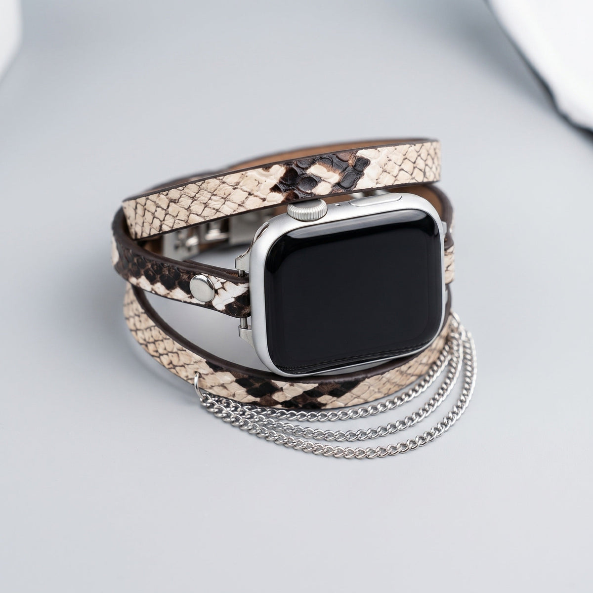 Apple Watch-armbånd til kvinder, læder med slangeprint, kæder i rustfrit stål, justerbare led, tredobbelt viklet armbånd, model Philyra