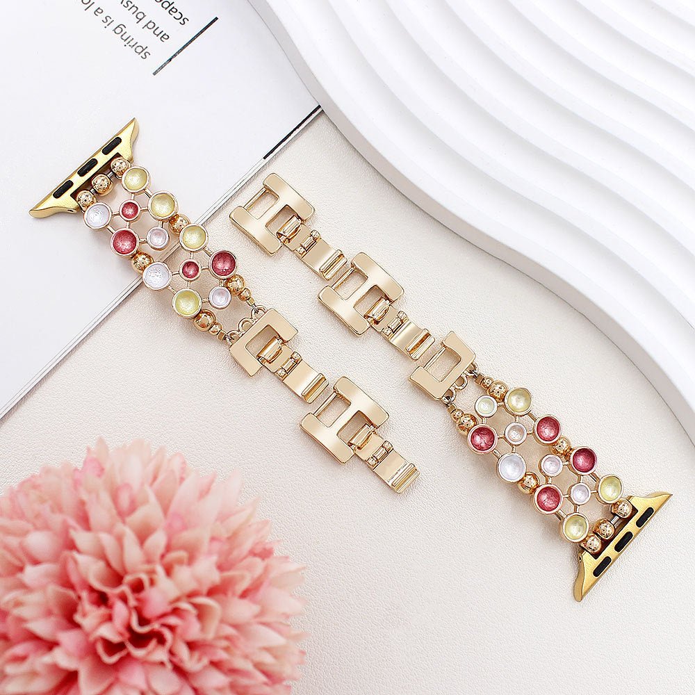 Bracciale per Apple Watch con maglie dorate e cabochon smaltati multicolore, da donna, modello Bestine
