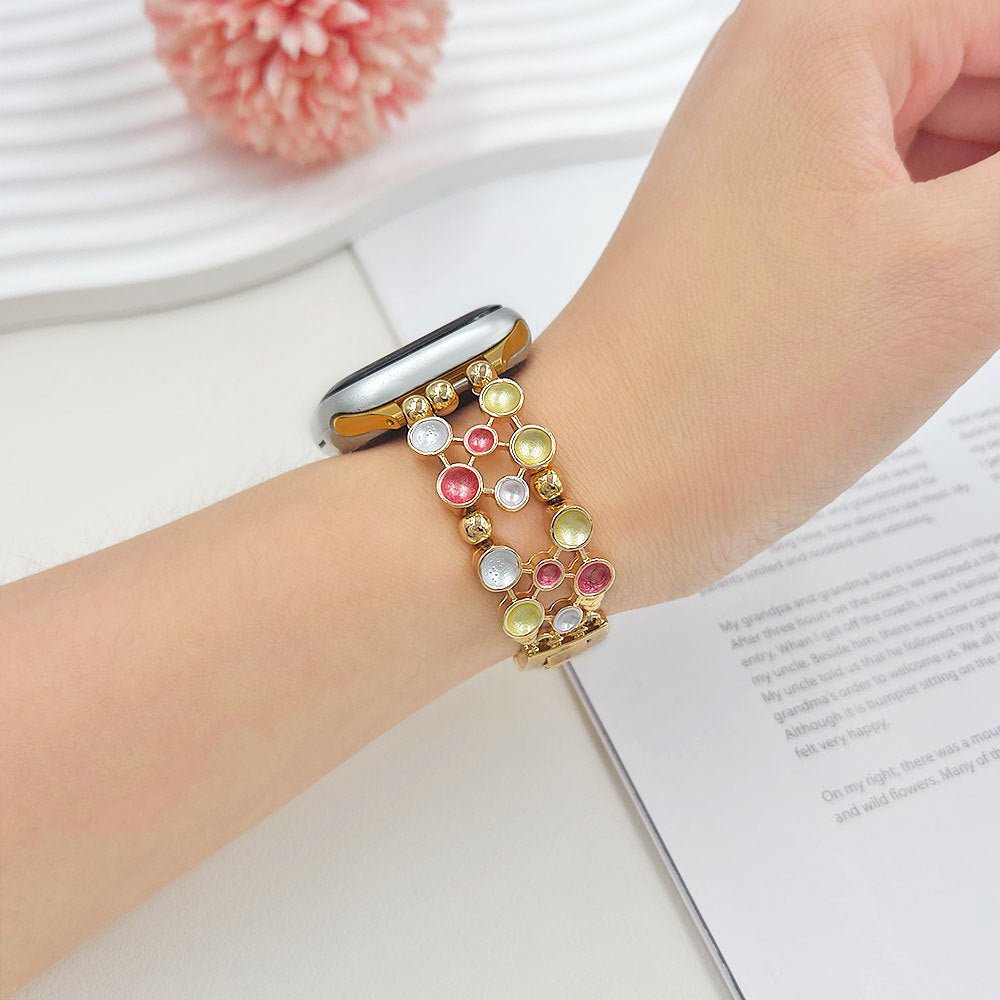 Bracciale per Apple Watch con maglie dorate e cabochon smaltati multicolore, da donna, modello Bestine