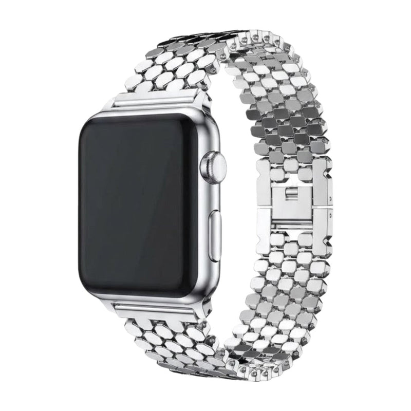 Bracelet Apple Watch doré en métal avec mailles alvéolées ruche, fermoir invisible, design luxueux et ajustable.