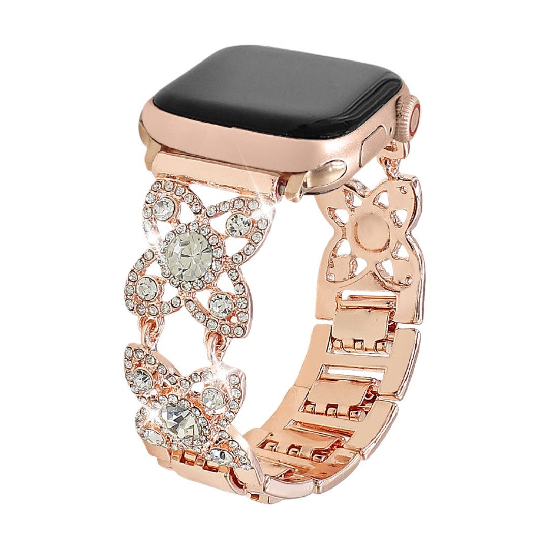 Women's metal Apple Watch bracelet, clover pattern set with sparkling zircons, elegant decorative link, Yadna model