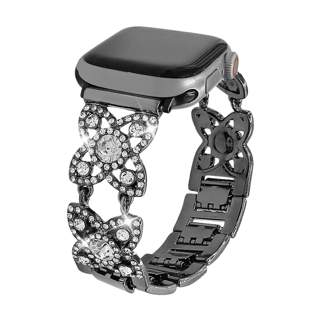 Women's metal Apple Watch bracelet, clover pattern set with sparkling zircons, elegant decorative link, Yadna model