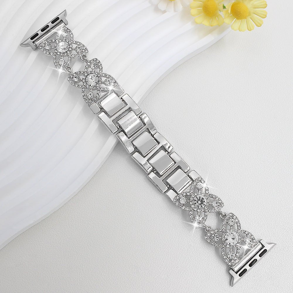 Women's metal Apple Watch bracelet, clover pattern set with sparkling zircons, elegant decorative link, Yadna model