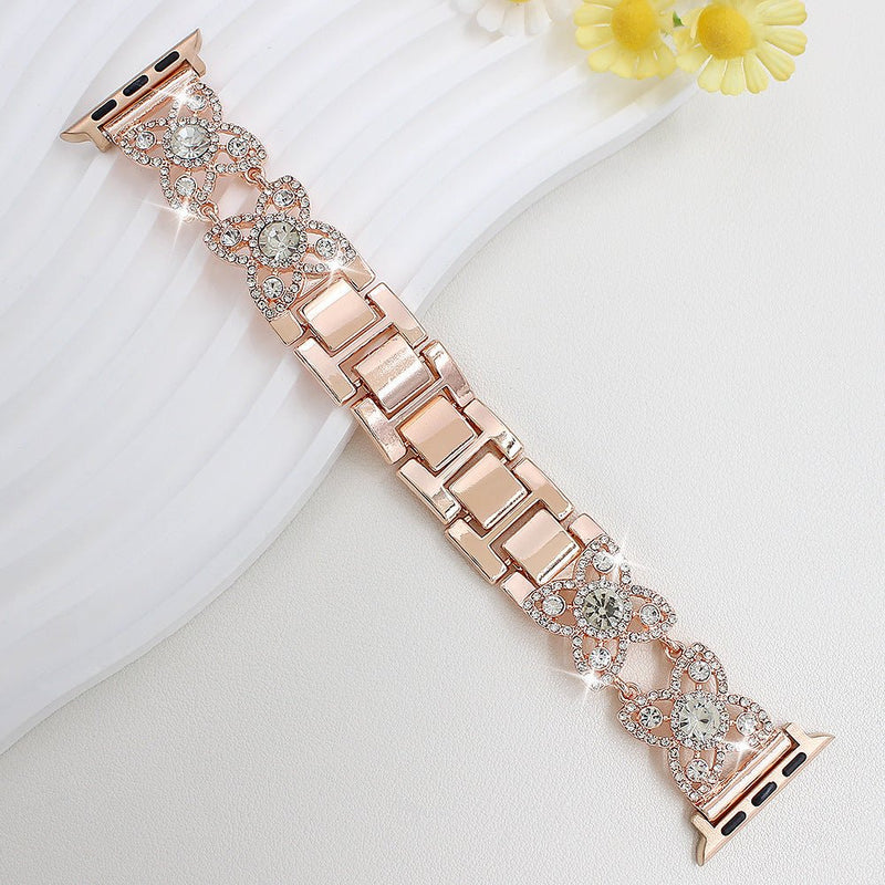 Damesarmband voor Apple Watch van metaal, met klavermotief bezet met fonkelende zirkonia, sierlijke schakel, model Yadna