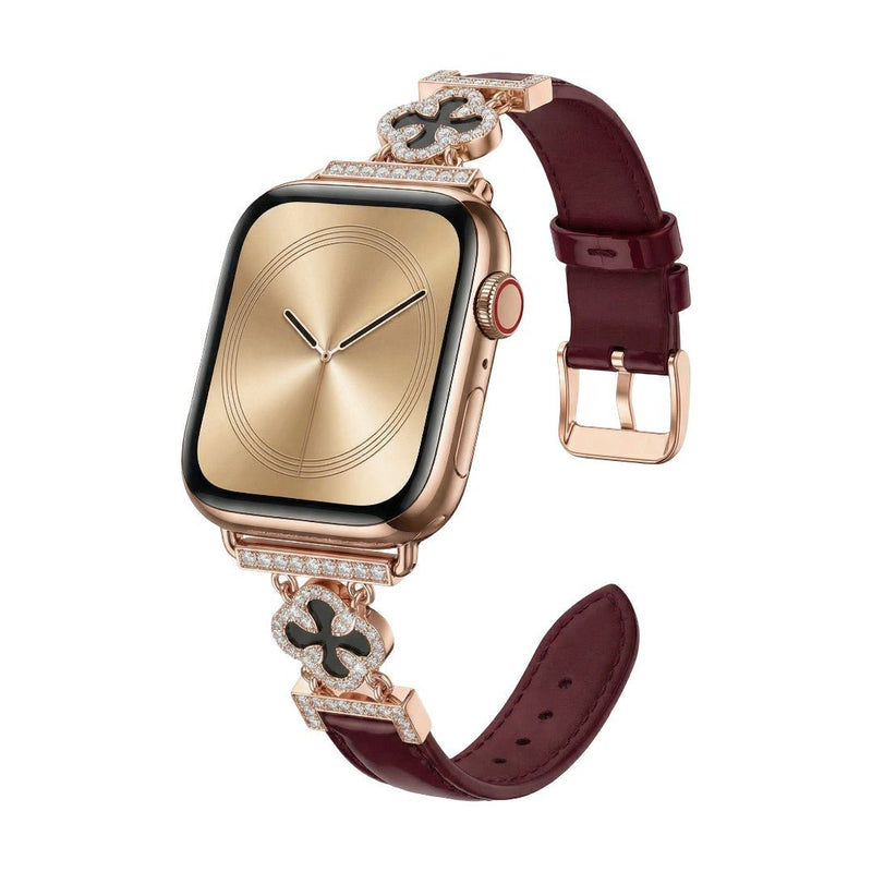Bracelet Apple Watch femme en simili cuir vernis, motif trèfle pavé de zircon, alliage doré élégant, modèle Circé