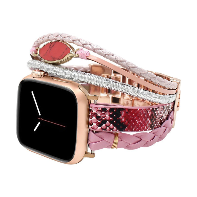 Bracelet Apple Watch femme, lanières croisées, effet peau de serpent, alliage robuste, finition élégante, modèle Harmosa