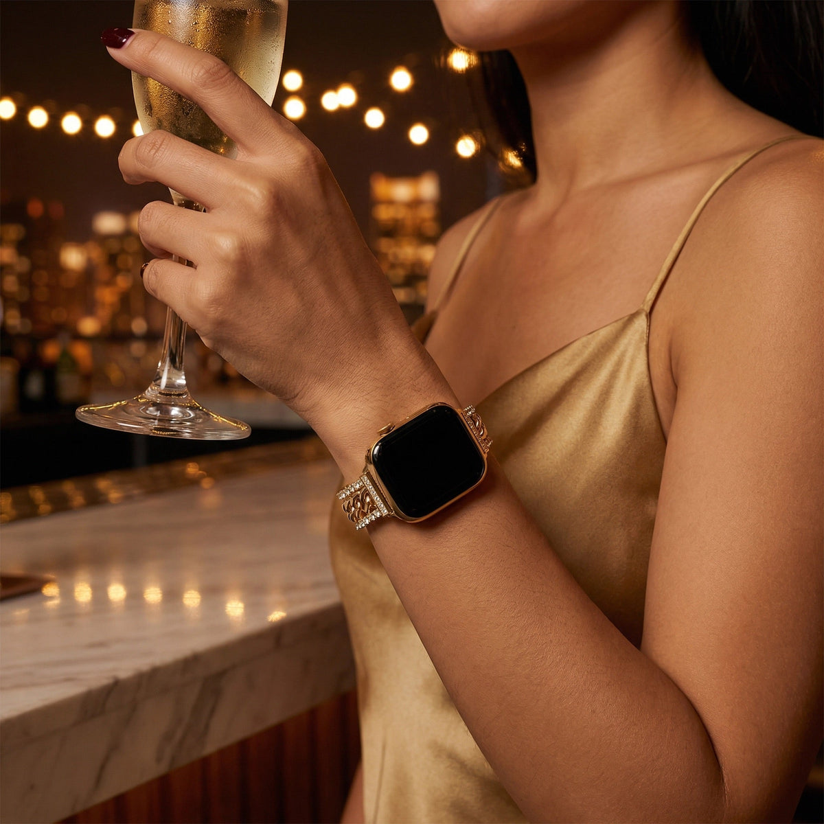 Apple Watch Armband mit doppelter kubanischer Gliederkette und Strass, verstellbare Glieder, für Damen, Modell Kania