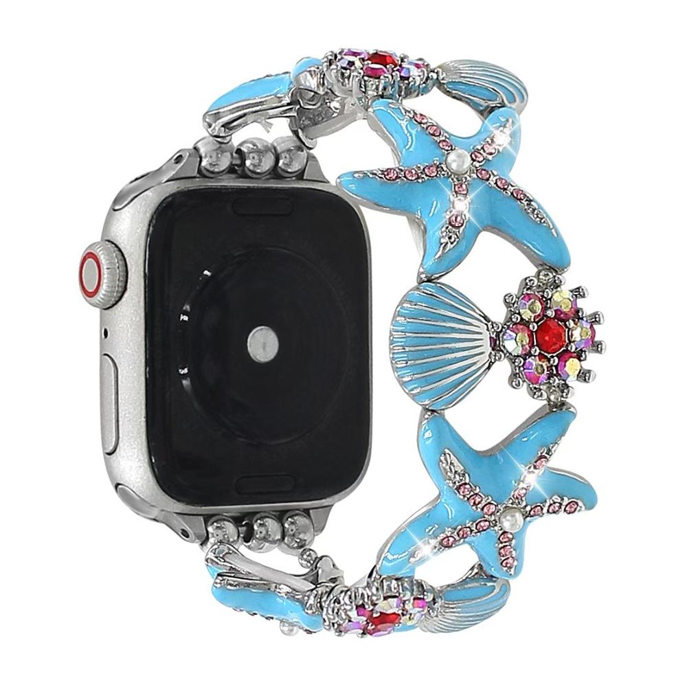 Apple Watch Armband für Damen, maritimes Design, Seesterne, Muscheln, bunte Strasssteine, Metalllegierung, elastisch, Modell Mazia