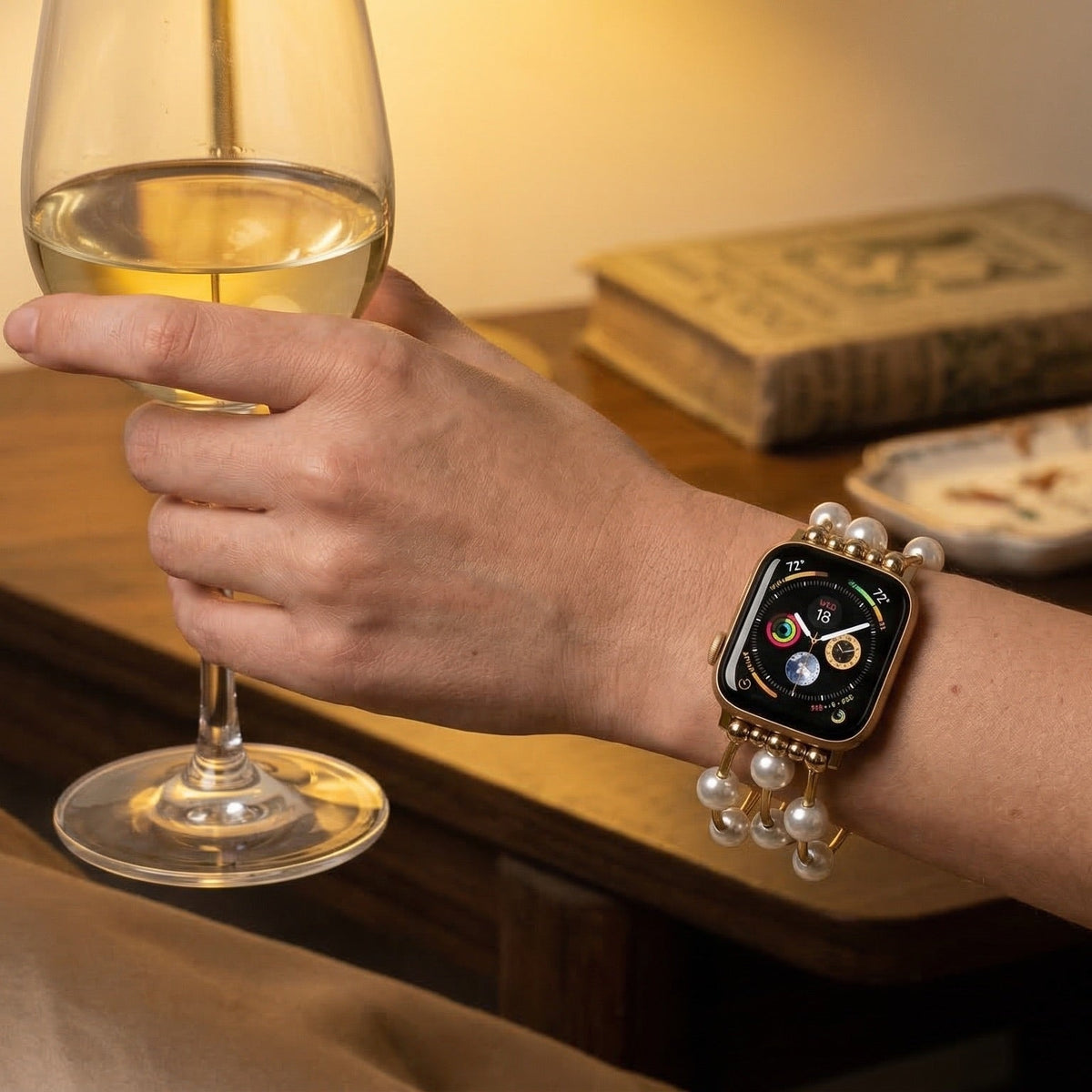 Apple Watch Bracelet for Women, White Beads, Gold or Silver Alloy, Elastic, Elegant Jewelry, Yourie Model