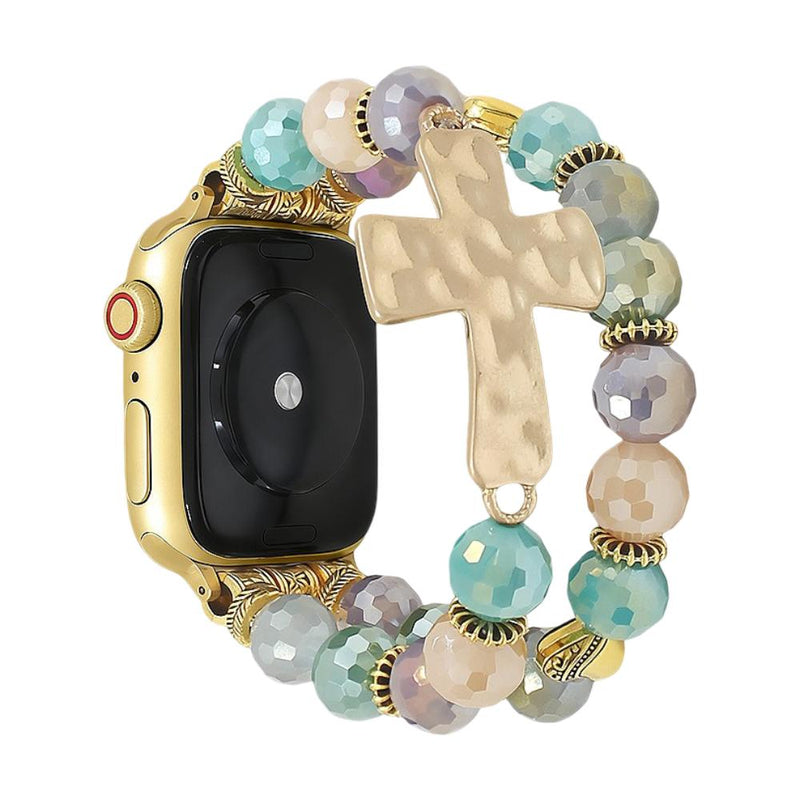 Women's Apple Watch Bracelet, Crystal Beads, Gold Christian Cross, Elastic, Spiritual Jewelry, Chrisma Model