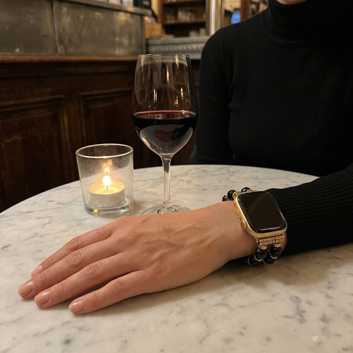 Faceted Glass Bead Apple Watch Bracelet with Hammered Gold Cross, Women's Chrisma Model