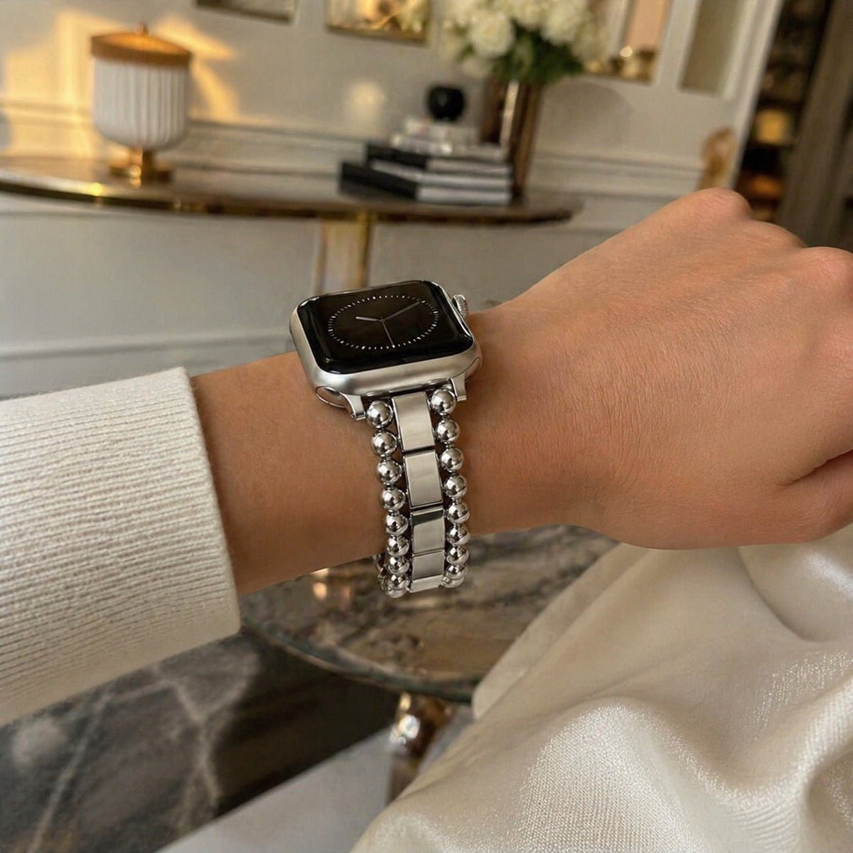 Bracelet Apple Watch a perles rondes et maillons rectangulaires, fermoir papillon, modele Anya
