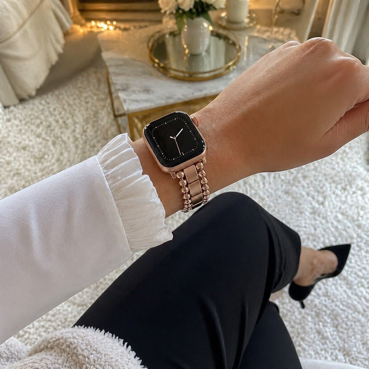Bracelet Apple Watch a perles rondes et maillons rectangulaires, fermoir papillon, modele Anya