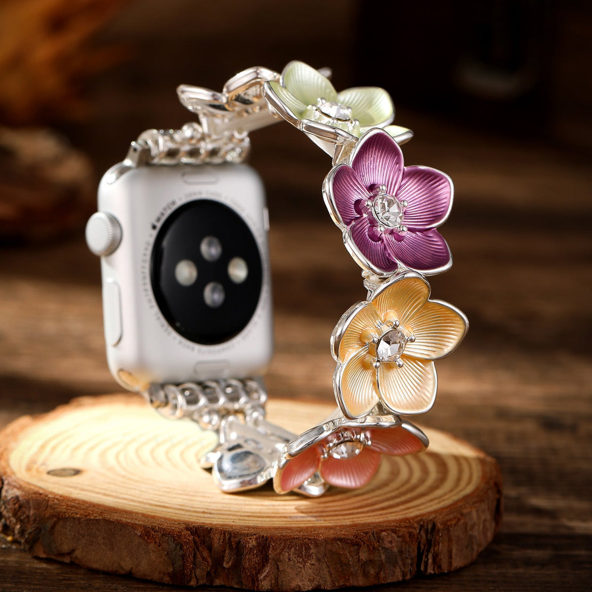 Apple Watch Bracelet, Florianne Model – Floral Design with Enameled Petals and Zirconia, for Women