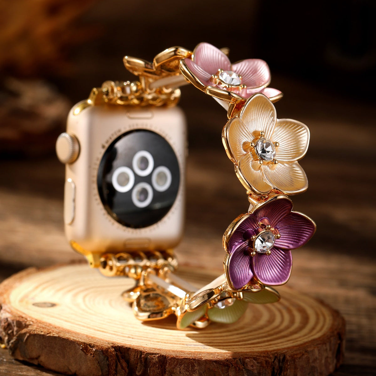 Apple Watch Bracelet, Florianne Model – Floral Design with Enameled Petals and Zirconia, for Women