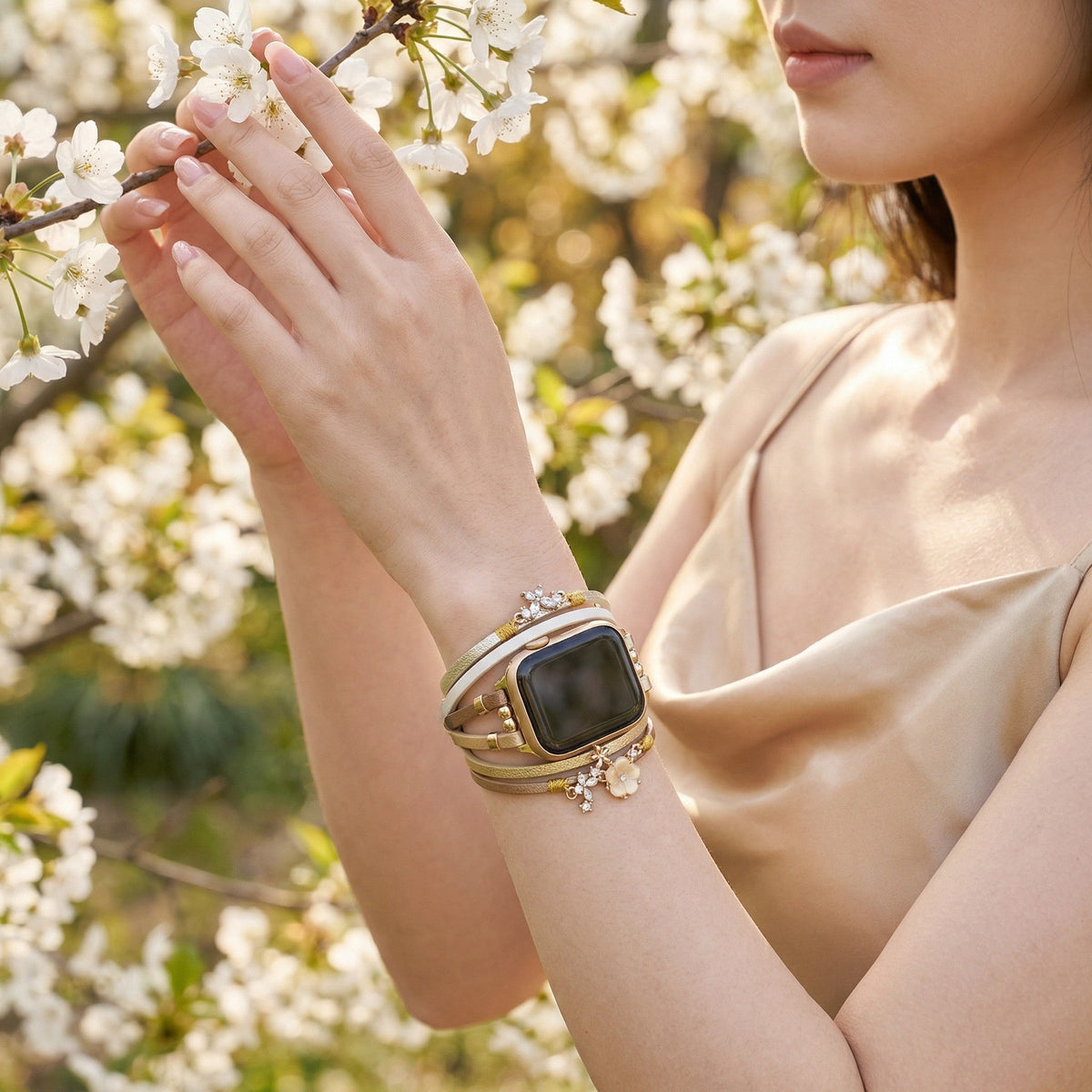 Bracelet Apple Watch habillé femme, en cuir, bracelet multi-tours doré, bracelet look floral, modèle Florence