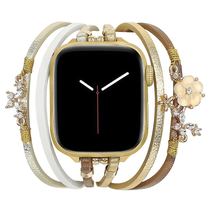 Elegantes Apple Watch Armband für Damen, aus Leder, mehrreihiges Armband in Gold, Armband mit floralem Design, Modell Florence