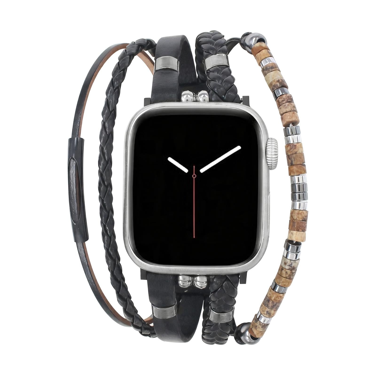Pulsera para Apple Watch de hombre en cuero, multihilera con cuentas de ojo de tigre, ajustable, pulsera poderosa para muñeca masculina, modelo Marèse