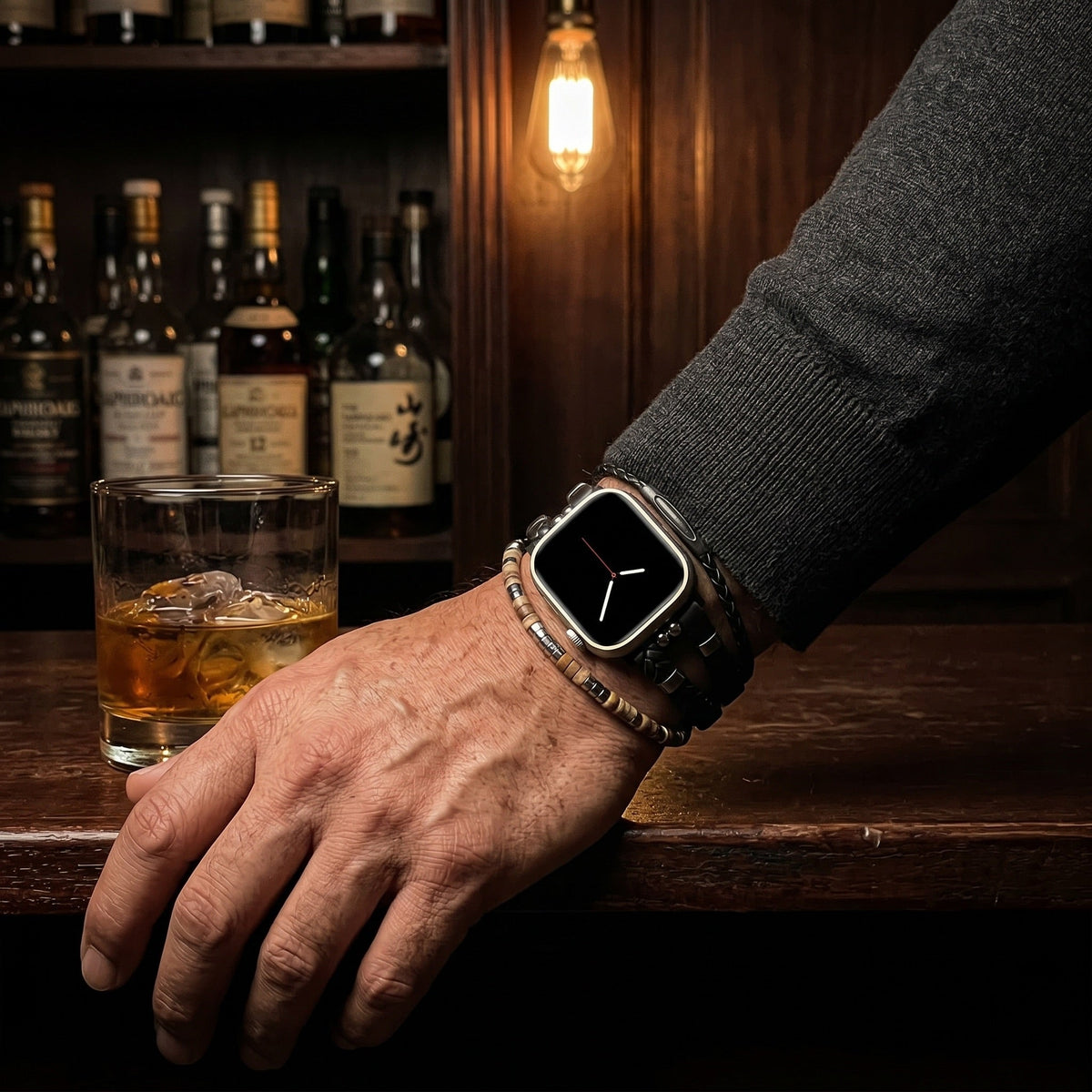 Βραχιόλι Apple Watch ανδρικό δερμάτινο, πολλαπλές σειρές με χάντρες μάτι της τίγρης, ρυθμιζόμενο, ισχυρό βραχιόλι για ανδρικό καρπό, μοντέλο Marèse