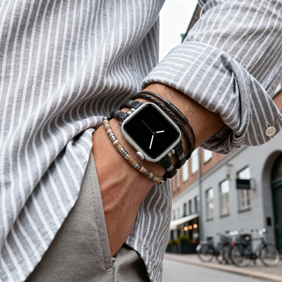 Βραχιόλι Apple Watch ανδρικό δερμάτινο, πολλαπλές σειρές με χάντρες μάτι της τίγρης, ρυθμιζόμενο, ισχυρό βραχιόλι για ανδρικό καρπό, μοντέλο Marèse