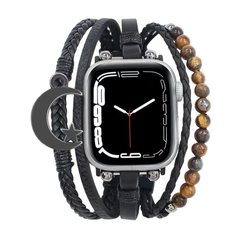 Men's Apple Watch Bracelet, black braided leather, tiger's eye stones, hilal symbol, adjustable clasp, Selim model