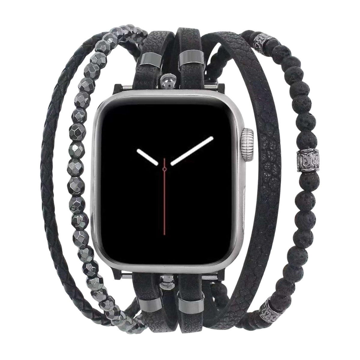 Bracelet Apple Watch homme multi-rangs, cuir véritable et pierre volcanique, fermoir acier inoxydable, style audacieux, modèle Reyo